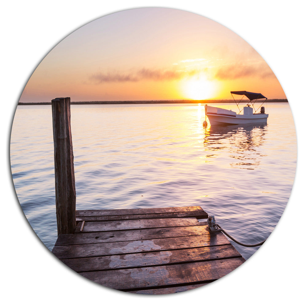 Boat View From Boardwalk On Beach, Seashore Disc Metal Wall Art, 23"