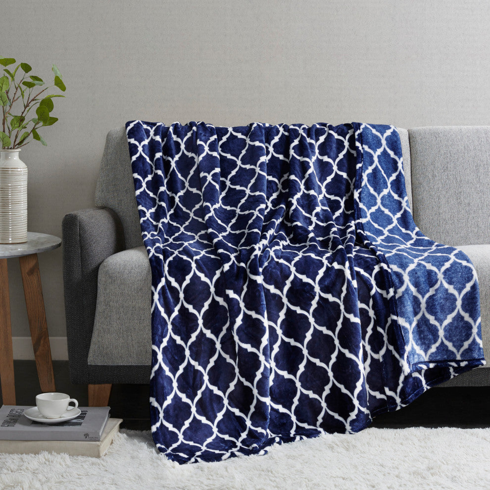 Madison Park Print Microlight Brushed Throw, Navy