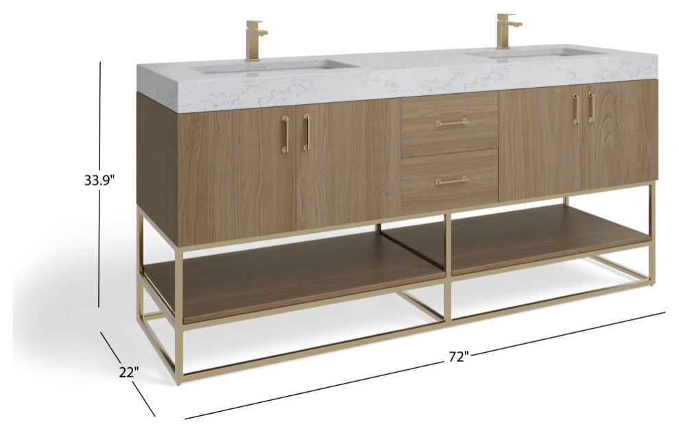 Bahia Bath Vanity, Oak, 72", Brushed Gold Hardware, Double, Freestanding