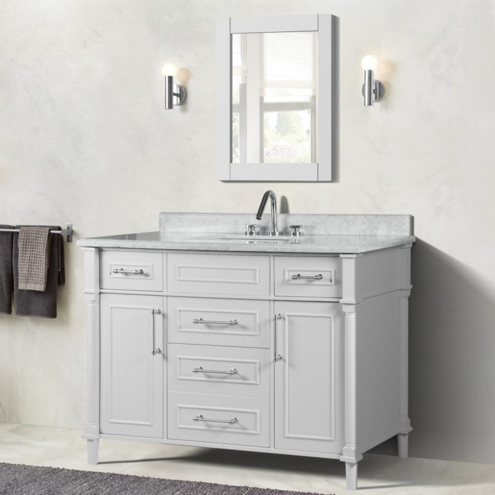 48" Single Vanity, White With White Carrara Marble Top