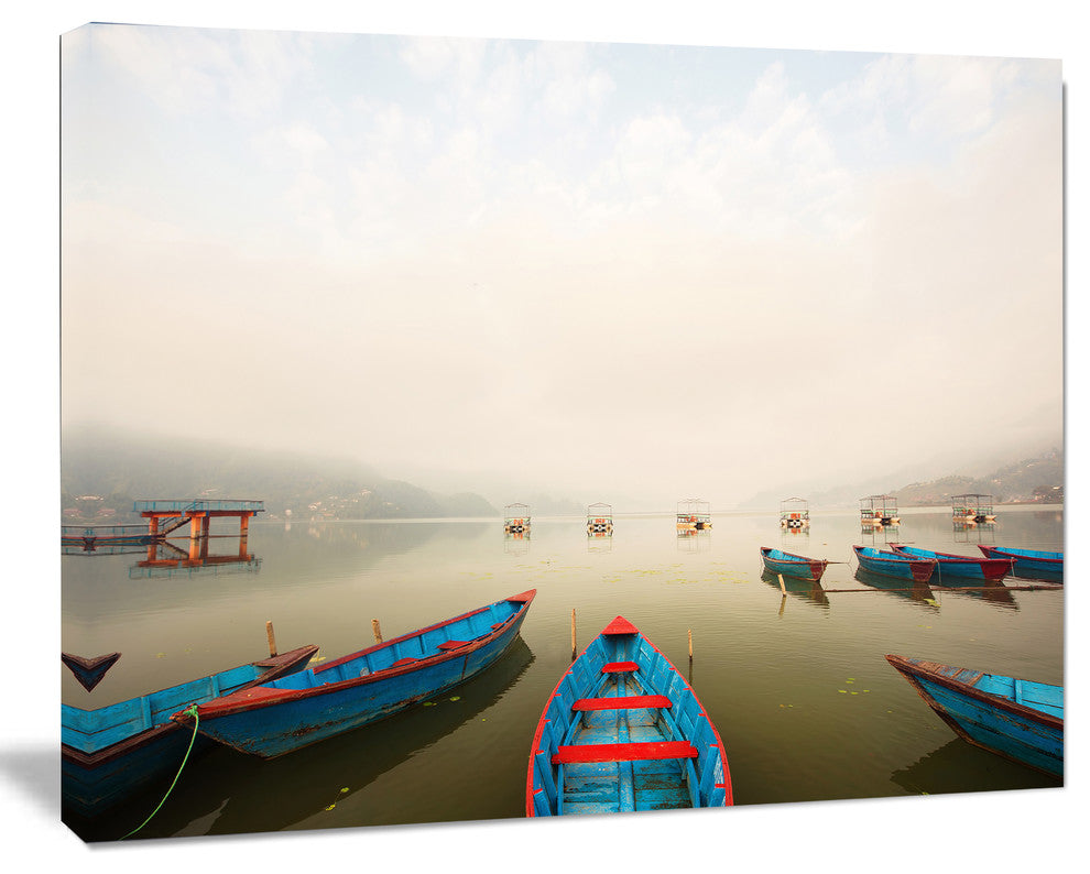 Moving Boats in Mountain Lake, Boat Canvas Art Print, 20"x12"