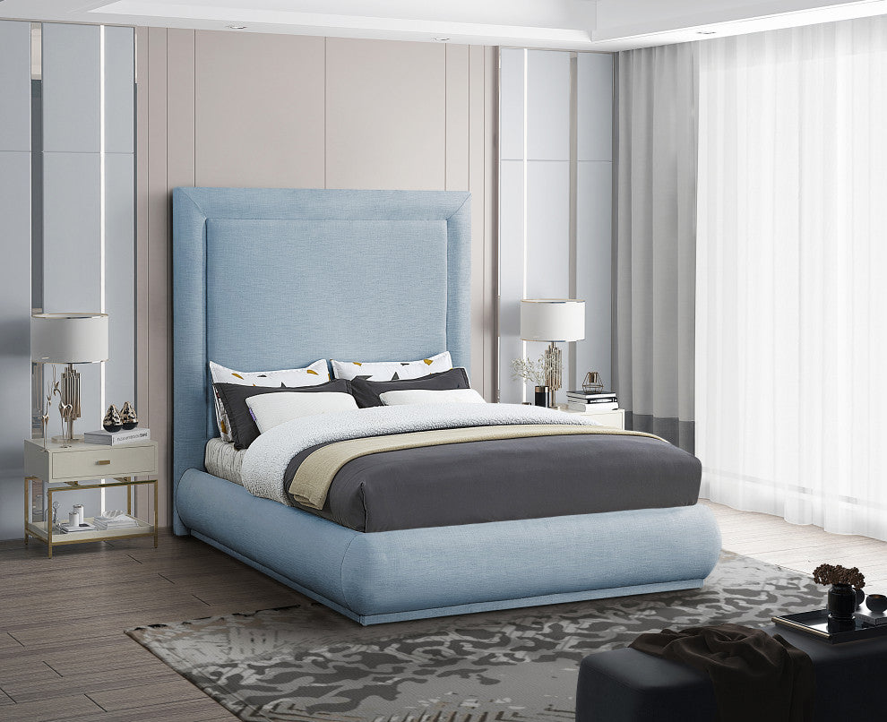 Brooke Linen Textured Fabric Upholstered Bed, Sky Blue, Queen
