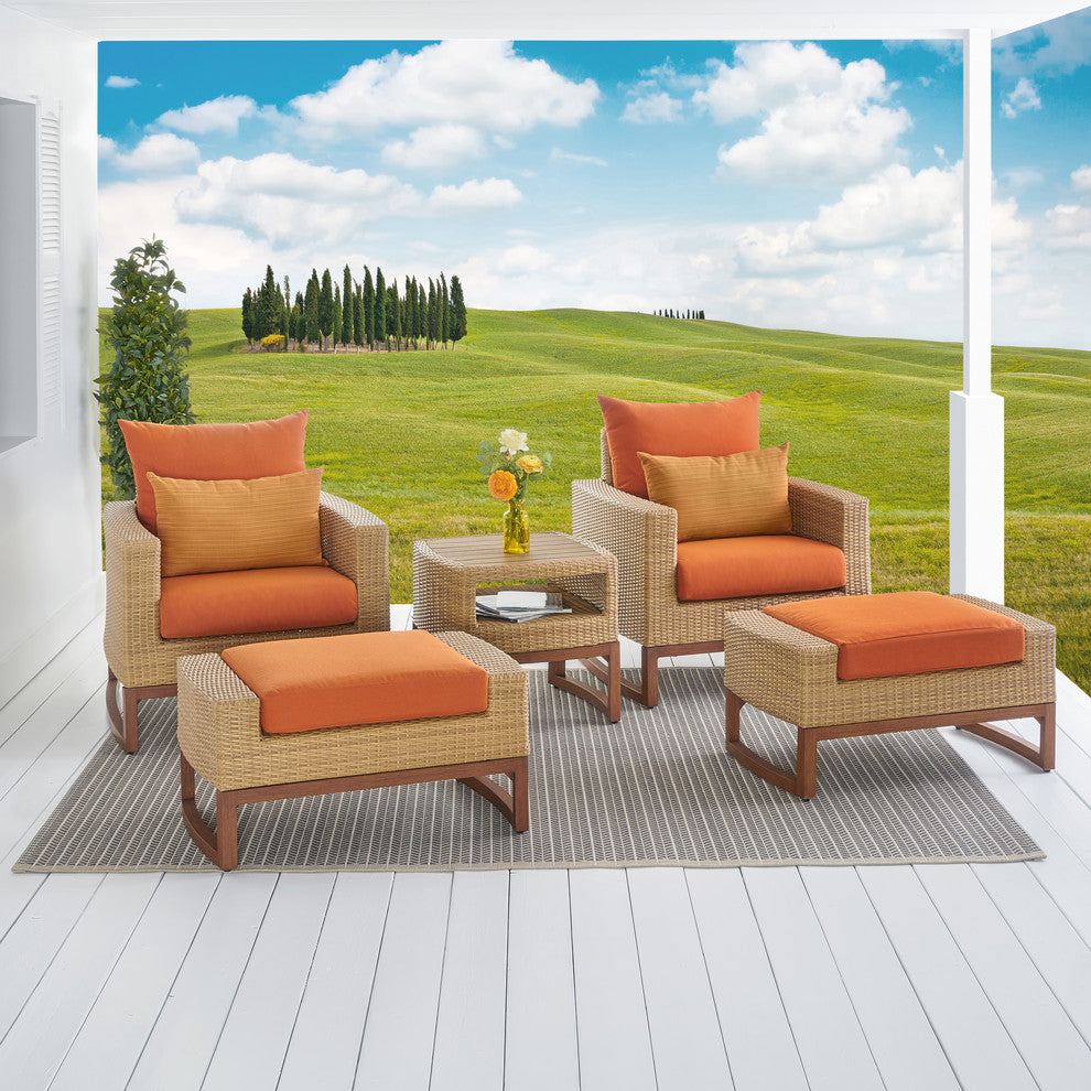 Milea 5 Piece Sunbrella Outdoor Patio Club Chair and Ottoman Set, Tikka Orange
