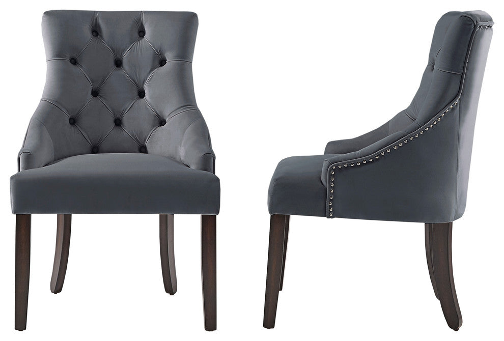 Rosalyn Velvet Button Tufted Sloped Wingback Dining Chair, Set of 2, Dark Grey