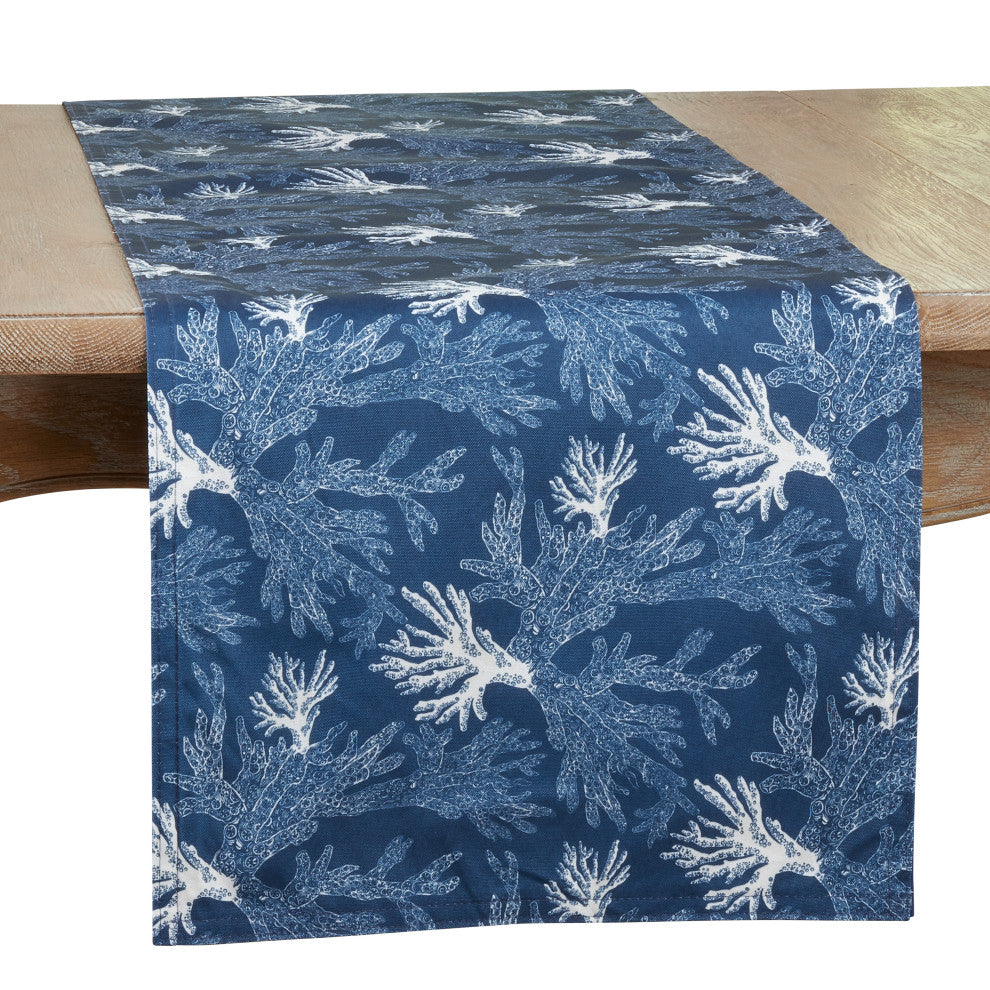 Table Runner With Sea Coral Design, Navy Blue, 16"x120"