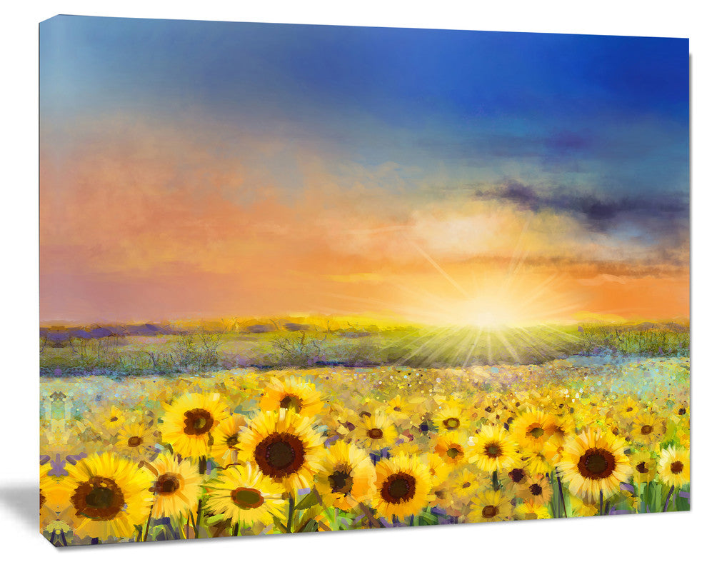 Sunset over Golden Sunflower Field, Floral Canvas Art Print, 20"x12"