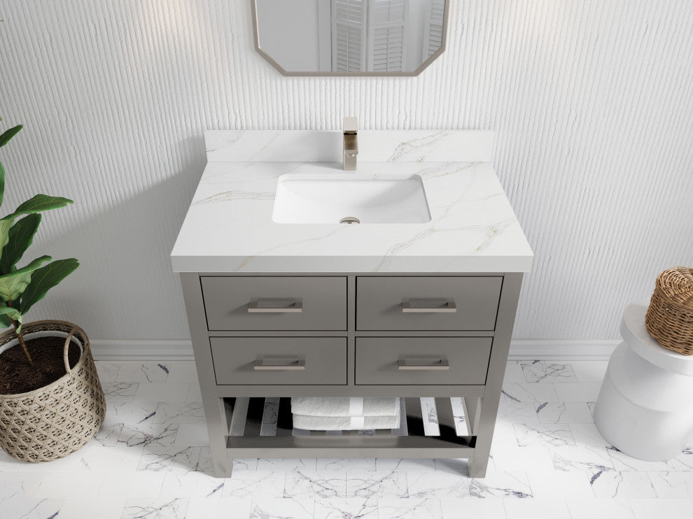 Parker 36" Single Sink Bath Vanity, Elephant Skin Gray 2" Calacatta Sienna