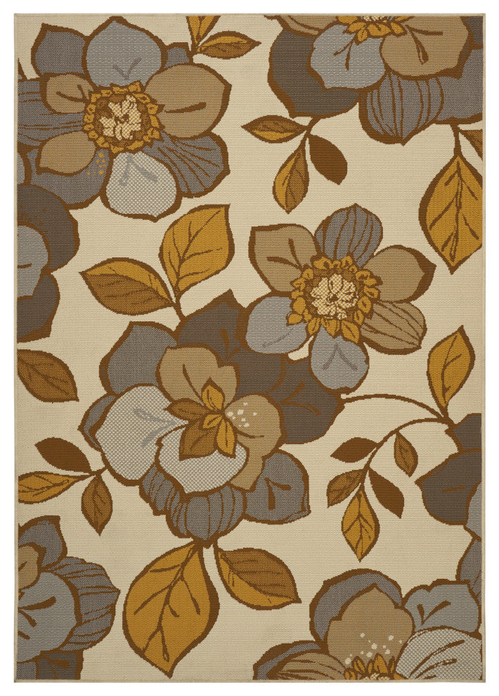 GDF Studio Damaris Outdoor Floral 5'x8' Area Rug, Ivory and Multicolored