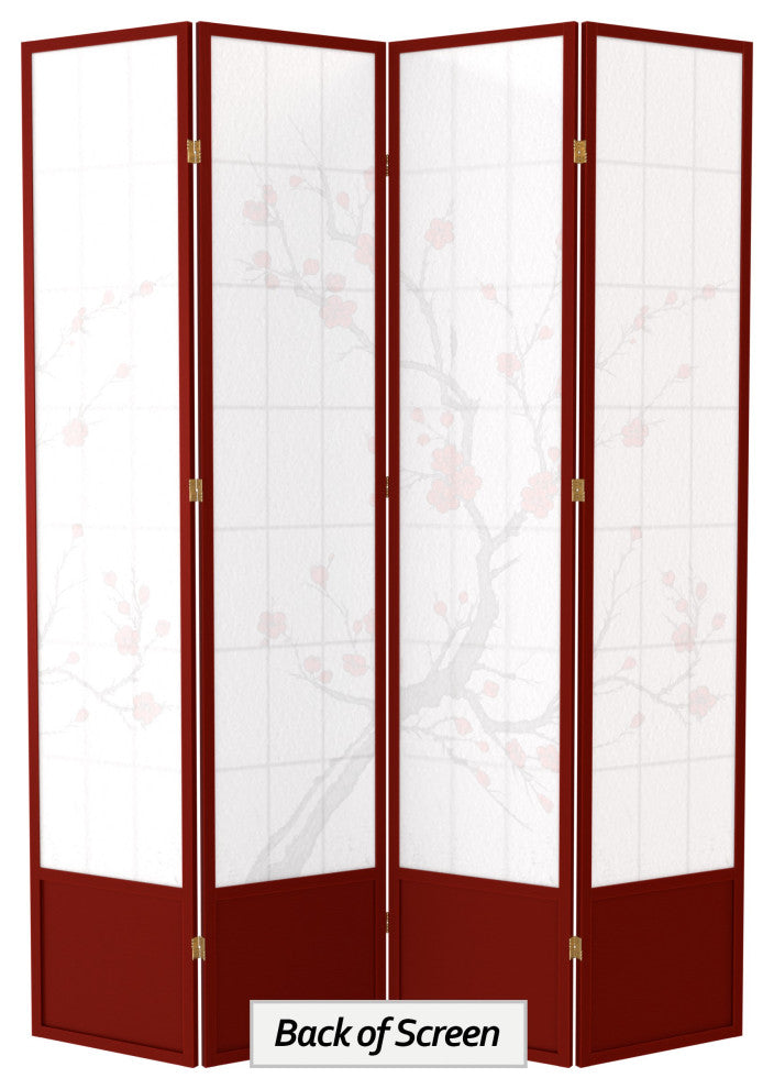 7' Tall Cherry Blossom Shoji Screen, Rosewood, 4 Panels