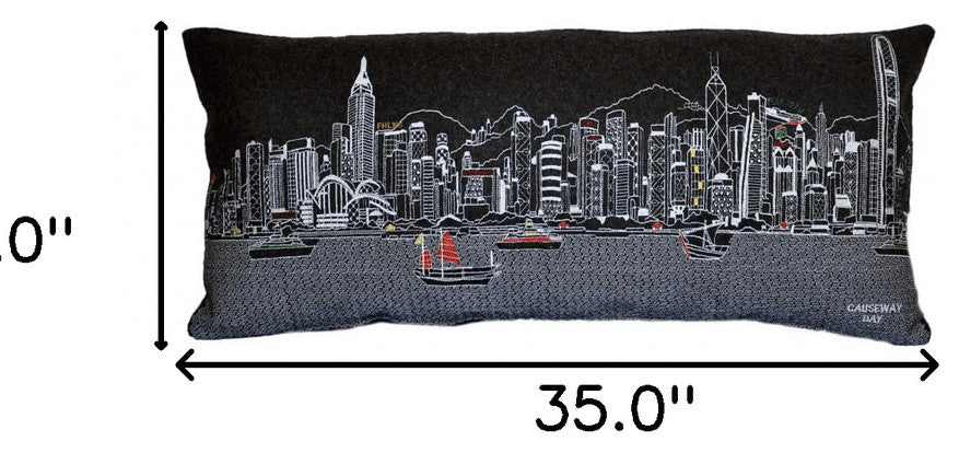 35" Black Hong Kong Nighttime Skyline Lumbar Decorative Pillow