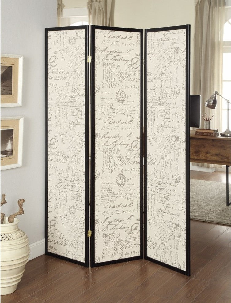 Benzara BM159223 3 Panel Folding Floor Screen with Postal Script Panels, Brown