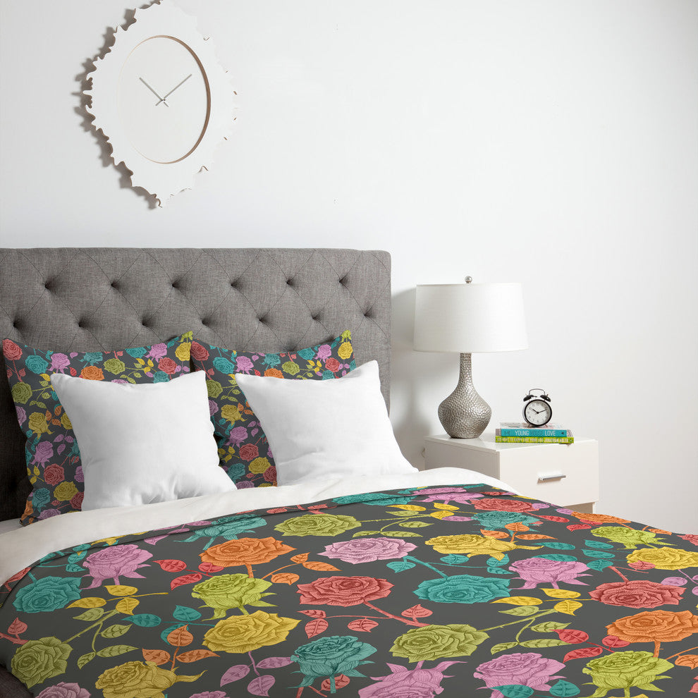 Deny Designs Bianca Green Roses Red Duvet Cover - Lightweight