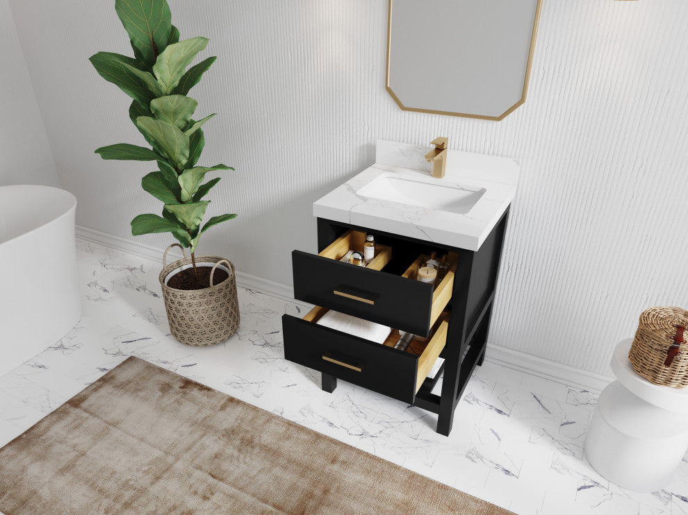 Parker 24" Single Sink Bath Vanity, Black 2" White Quartz
