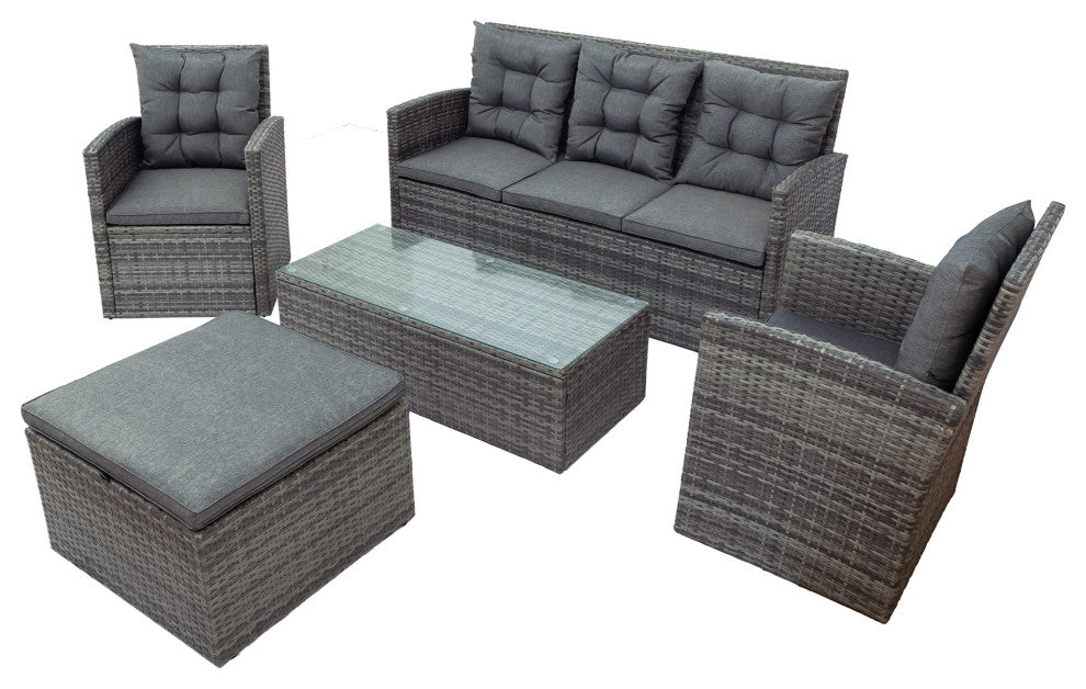 5 Pieces Outdoor Rattan Patio Sectional Sofa Set With Storage Bench