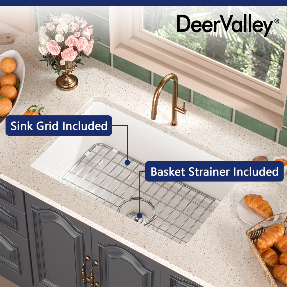 27"L x 19"W Undermount Fireclay Kitchen Sink with Sink Grid and Basket Strainer