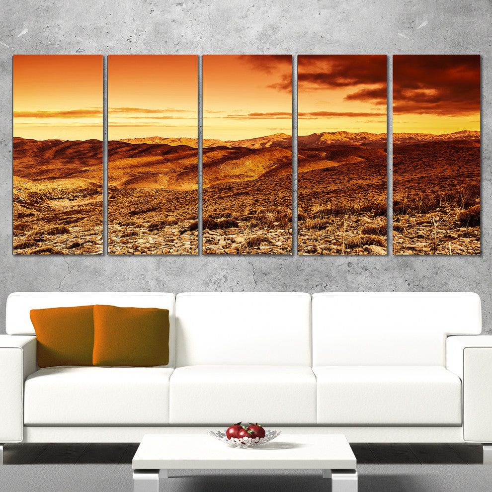Cloudy Dramatic Sunset in Desert, Landscape Canvas Art, 60"x28", 5 Panels