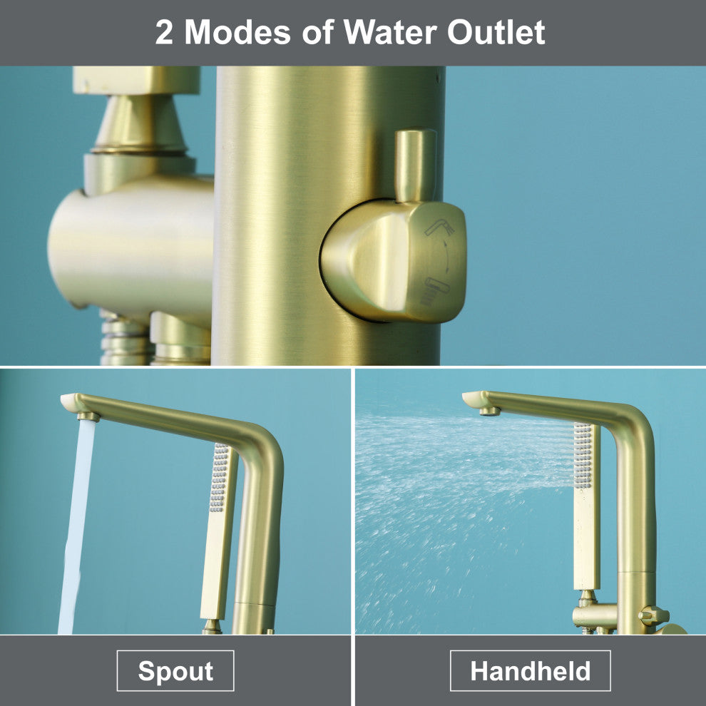 Wellfor Freestanding Faucet, Swivel Spout and Handheld Shower, 2 Handles, Brushed Gold