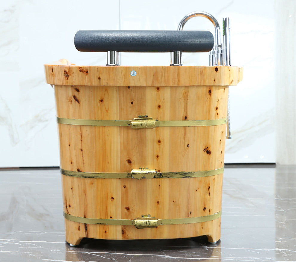 61" Free Standing Cedar Wood Bath Tub With Chrome Tub Filler