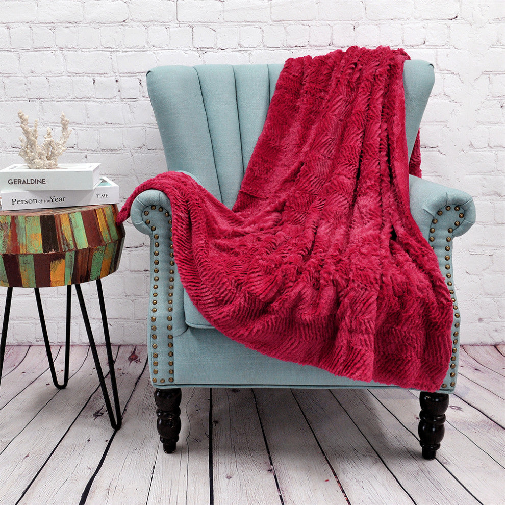 Herringbone Jumbo Over-Size Faux Fur Throw Blanket, Chili Pepper, 60" X 80"