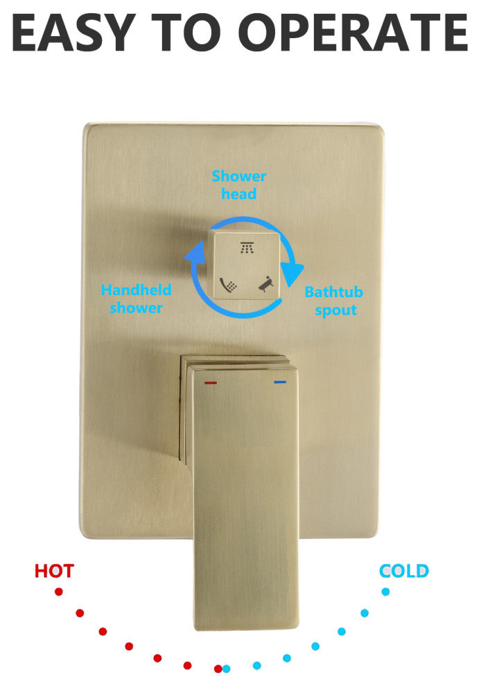 12" Wall Mounted Rainfall Shower System With Tub Spout, Brushed Gold