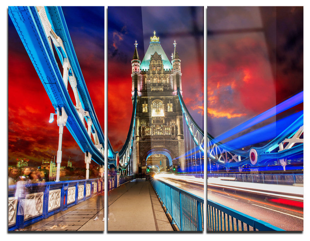 "Storm Over Tower Bridge at Night" Photo Metal Wall Art, 3 Panels, 36"x28"