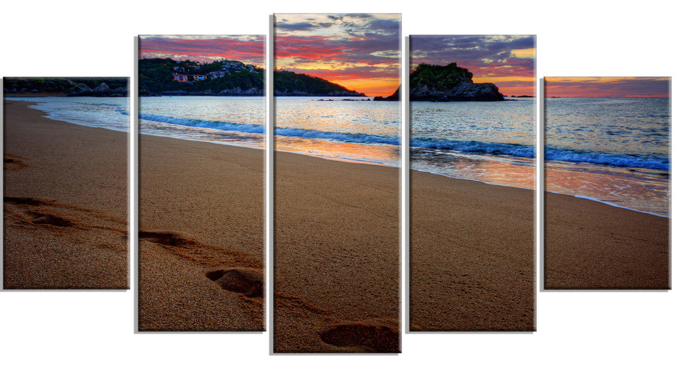Trodden Sand on Ocean Beach, Seashore Photo Canvas Art Print, 60"x32", 5 Panels