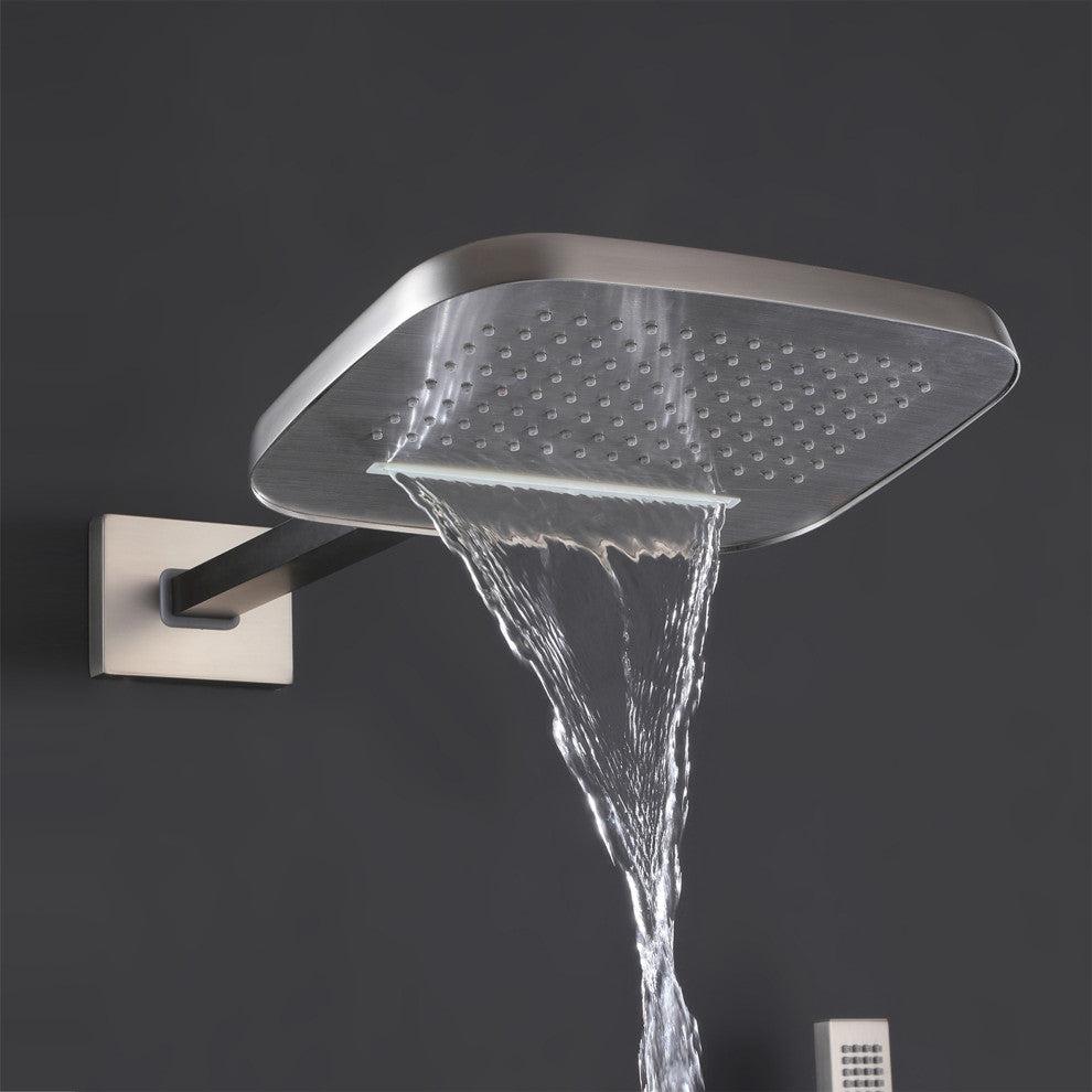 Thermostatic Rain Shower System with Hand Shower-Includes Rough-in Valve, Brushed Nickel