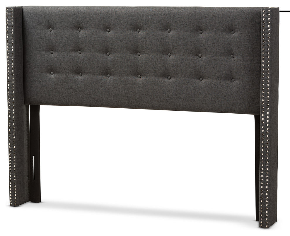 Ginaro Dark Gray Fabric Button-Tufted Nail Head King Size Winged Headboard