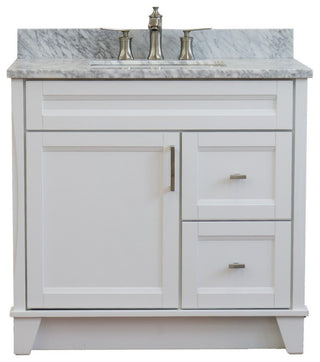37" Single Sink Vanity, White Finish With White Carrara Marble