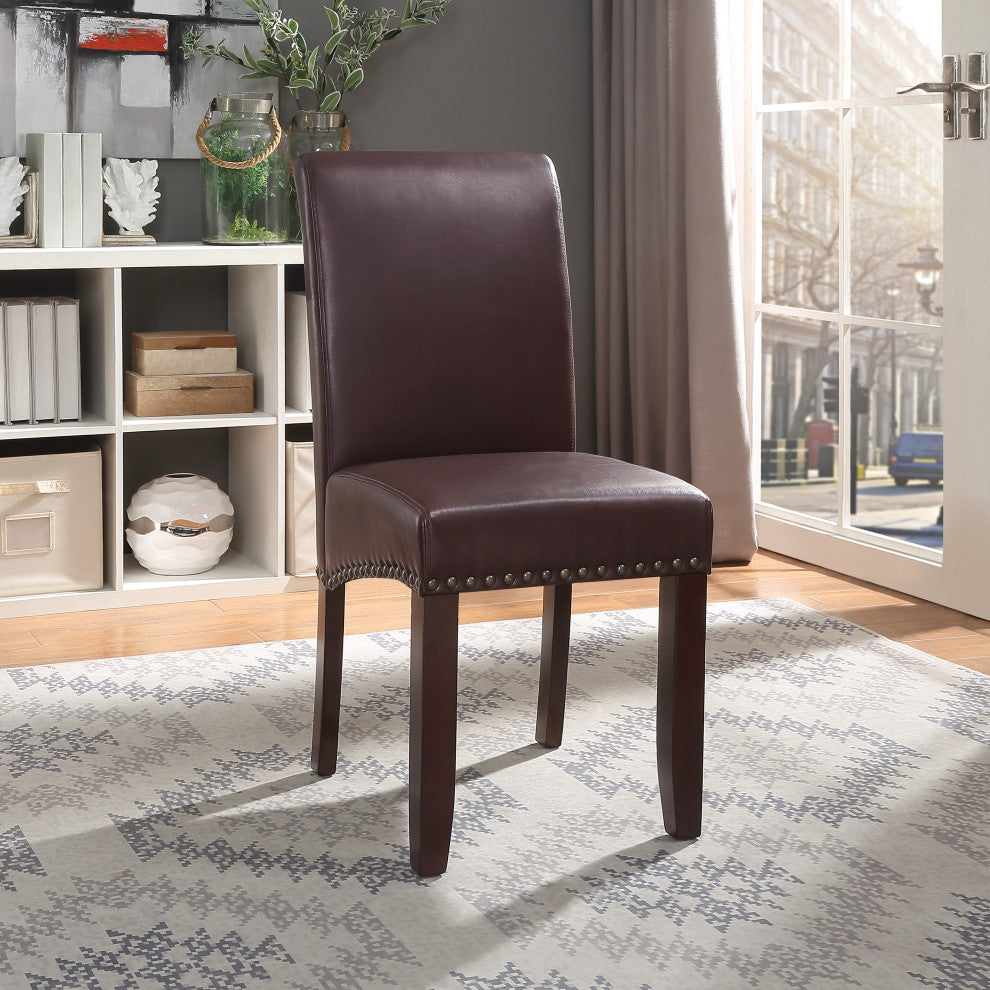 Parsons Dining Chair With Antique Bronze Nail Heads, Cocoa Faux Leather