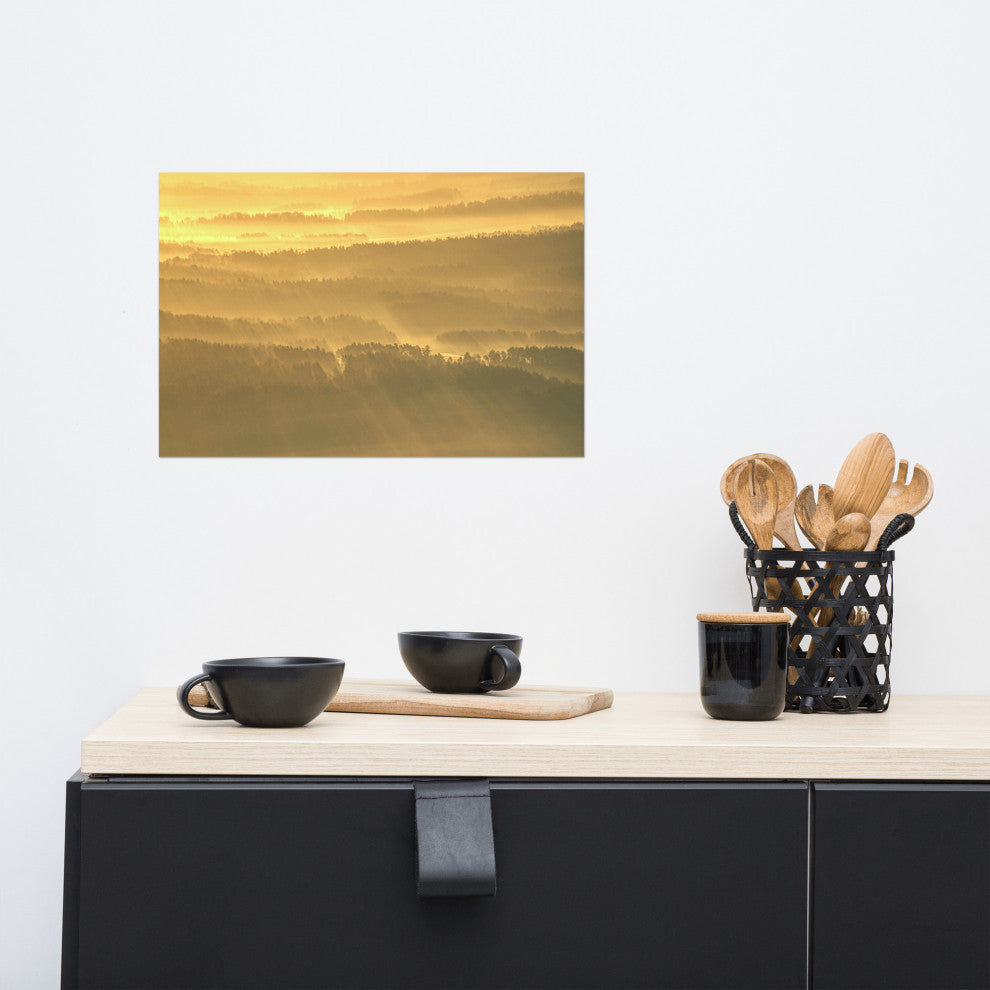 Golden Mist Valley - Hills & Mountain Range Landscape Wall Art Prints, 12" X 18"