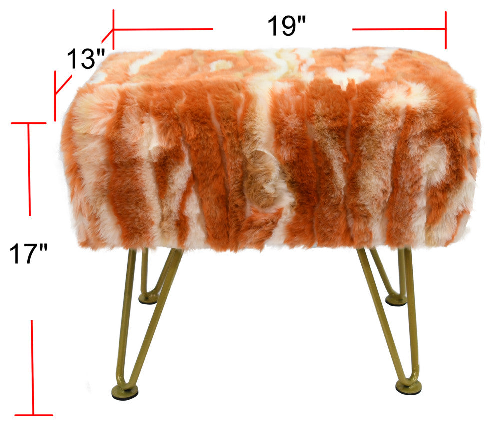 Soft Faux Fur Ottoman Fuzzy Entryway Bench Seat, Burnt Orange, 19"x13"x17"