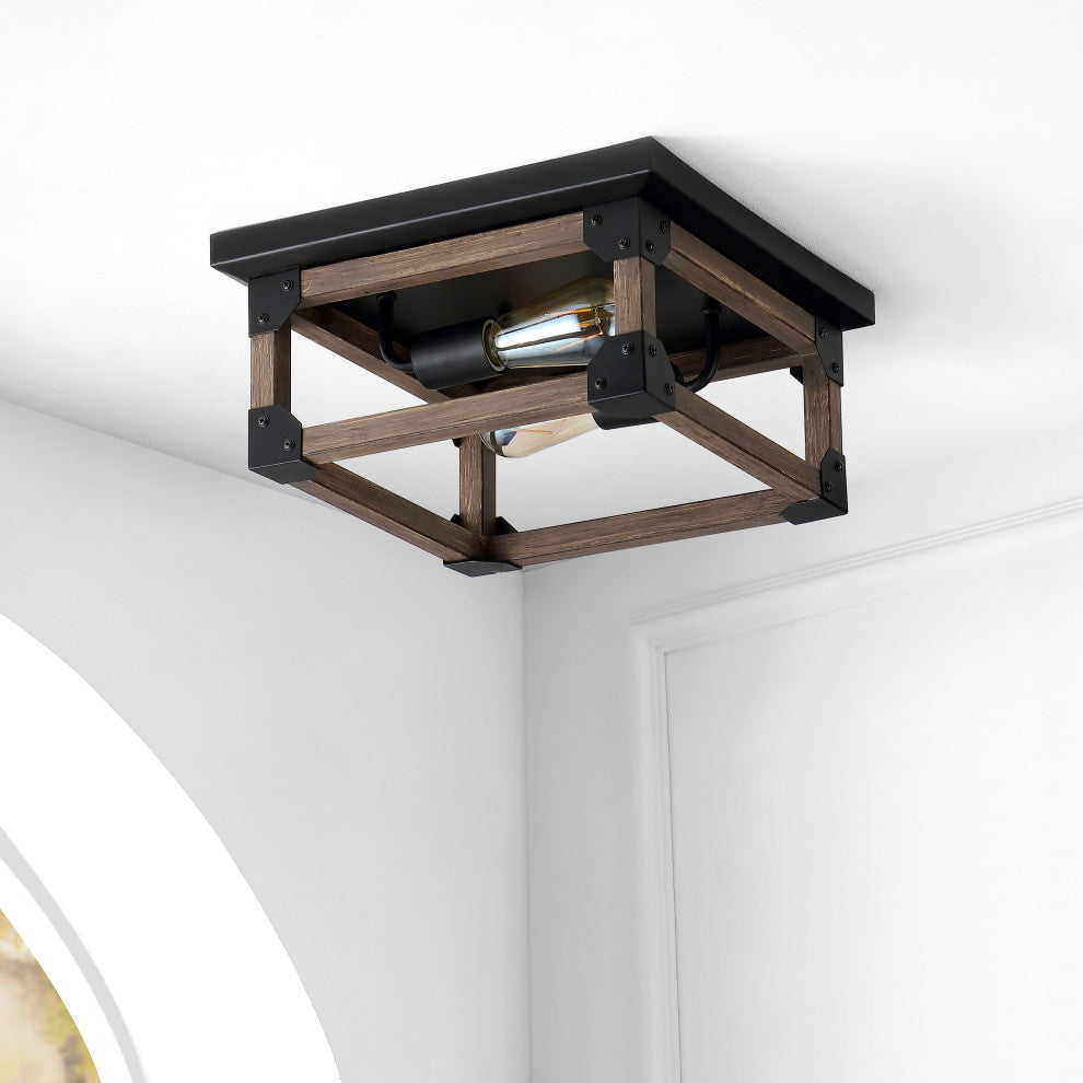 Cheshire 13" 2-Light Iron Rustic LED Flush Mount, Brown and Black