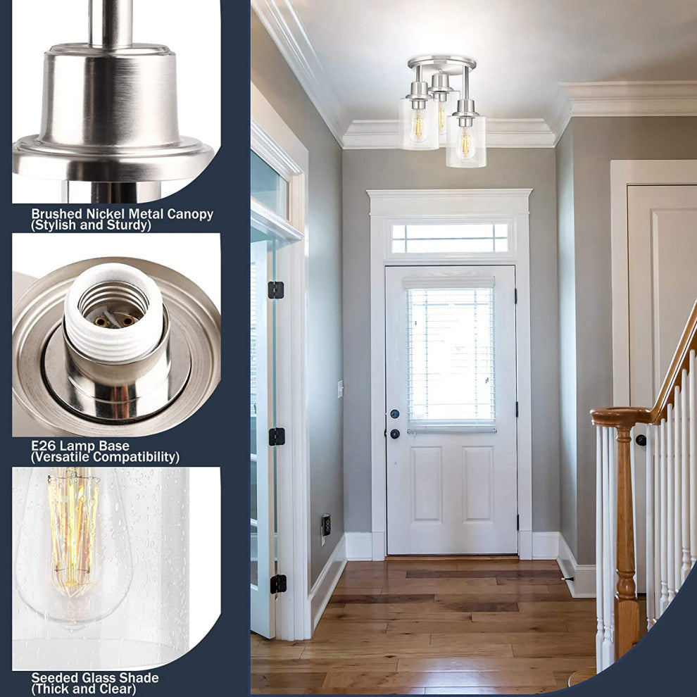 3 Light Close To Ceiling Light Fixture, Semi Flush Mount, Nickel