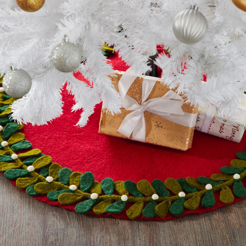 Mistletoe Border on Red Mini Christmas Tree Skirt - 26"