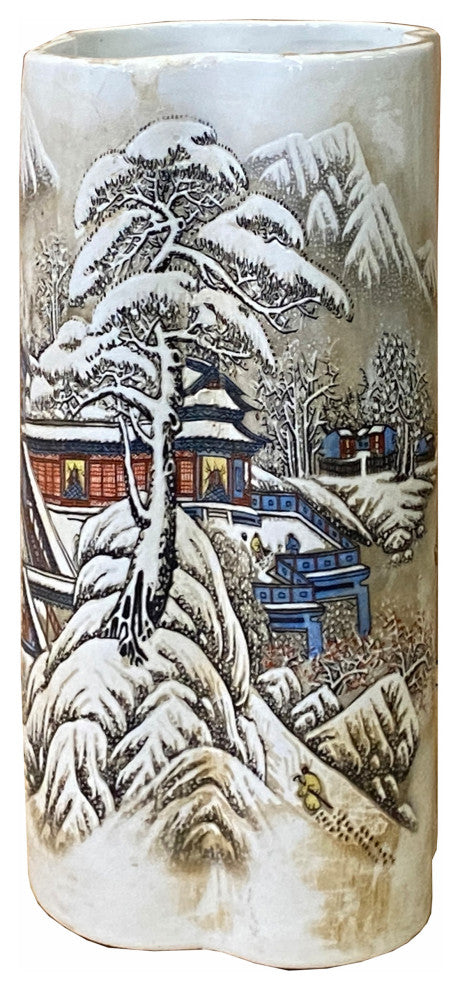 Chinese Off White Porcelain Snow Scenery Flower Shape Vase Hws2356