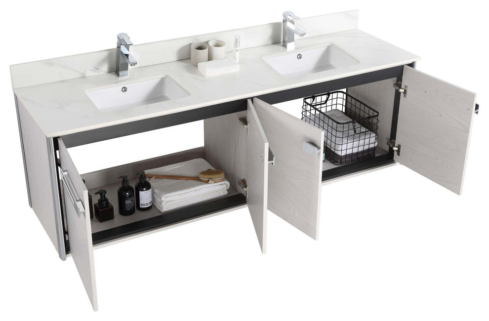 Oakville Wall Mount Bathroom Vanity, Mild Grey Oak, 72", Chrome Hardware