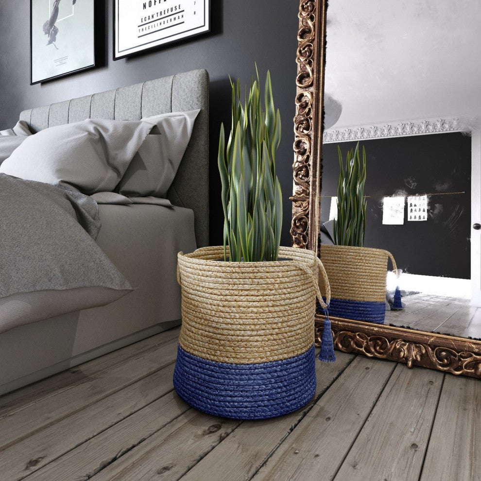 Two-Tone Natural Jute Woven Decorative Basket with Handles, Sapphire Blue, 17"