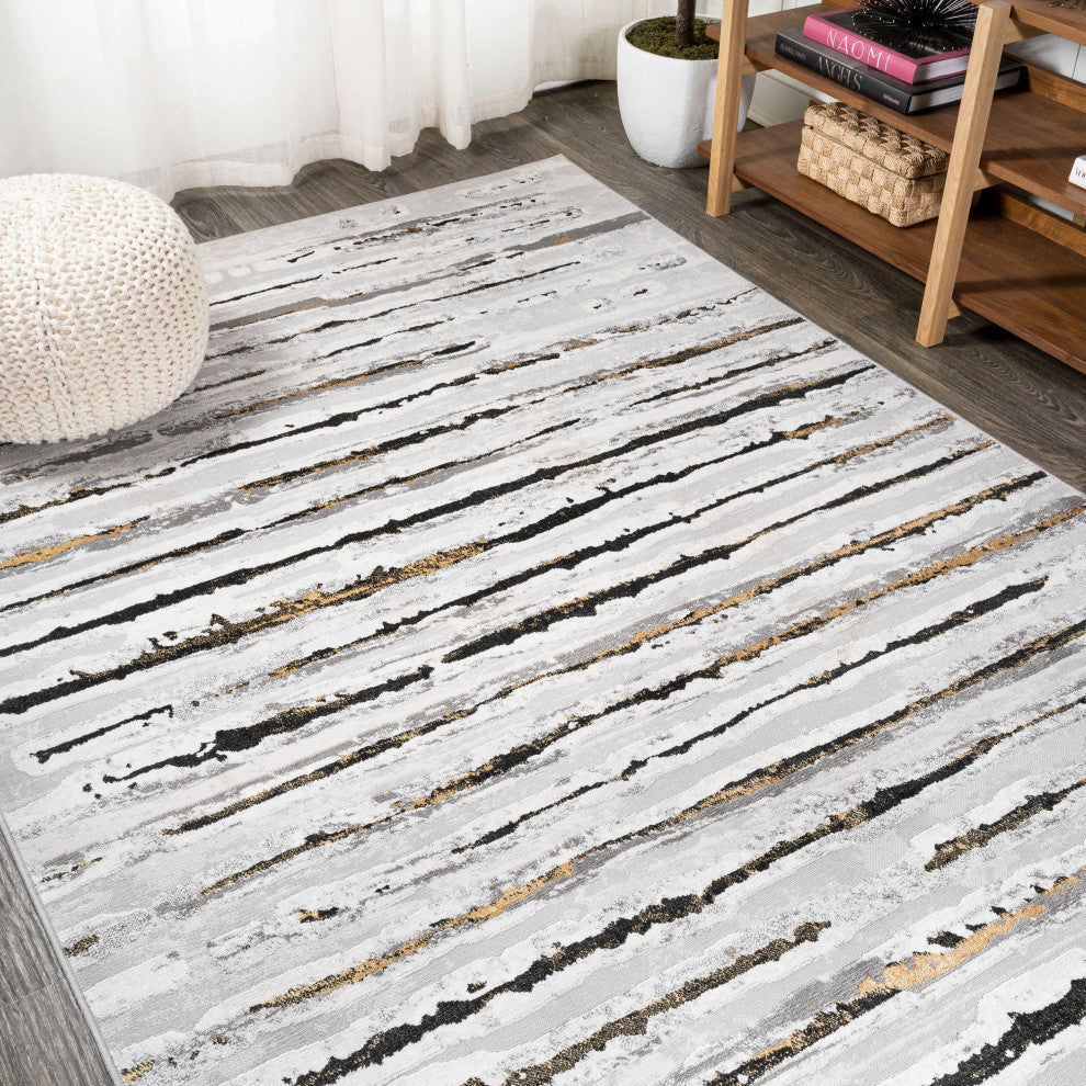 Batten Modern Stripe Area Rug, Gray/Black, 8 X 10