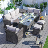 7-Piece Patio Wicker Dining Sofa Set with Rectangle Fire pit Table, Brown