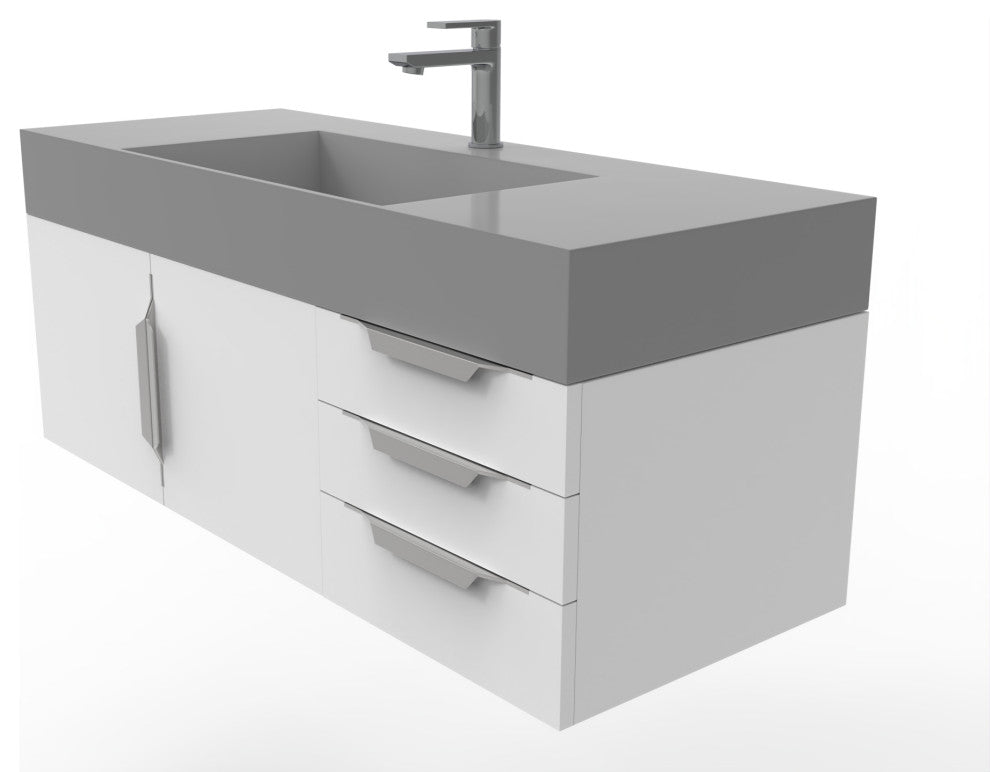 CastelloUSA Amazon 48" Wall Mounted Vanity Set, White, Gray Top, Chrome Handles