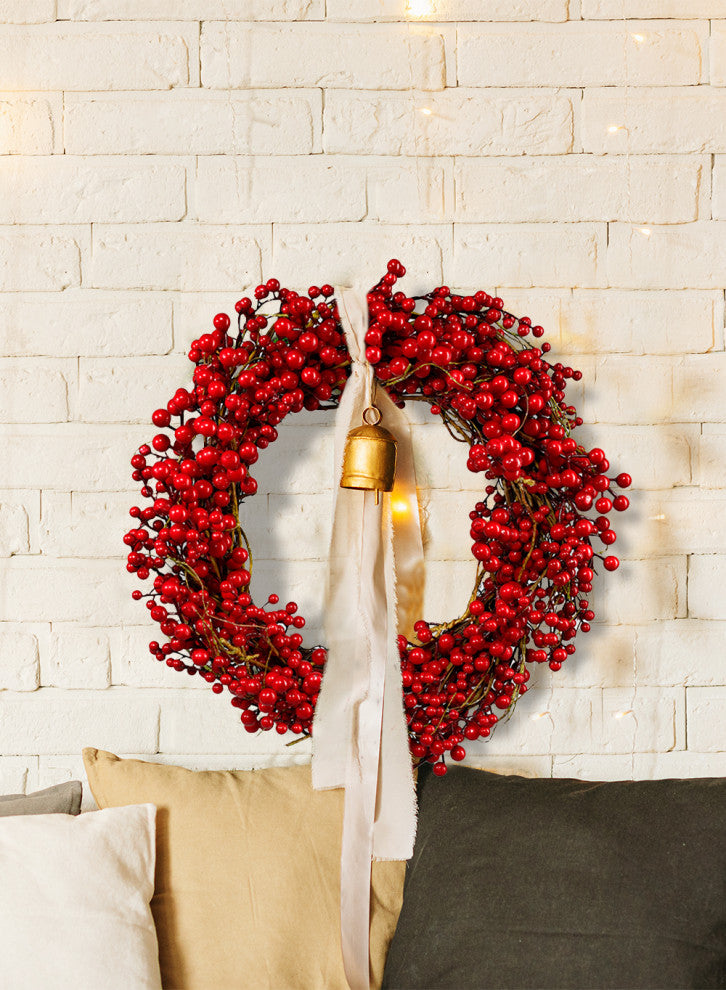 Serene Spaces Living Red Berries Wreath, Use for Valentines Day, 20" Diameter