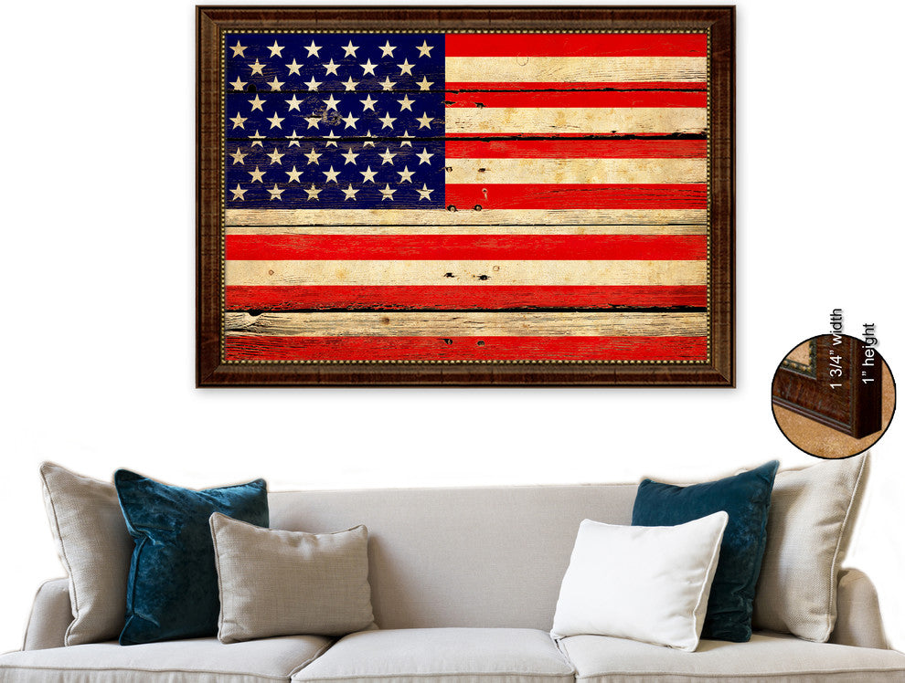 American Vintage Flag Print With Brown Gold Frame, 23"X33"