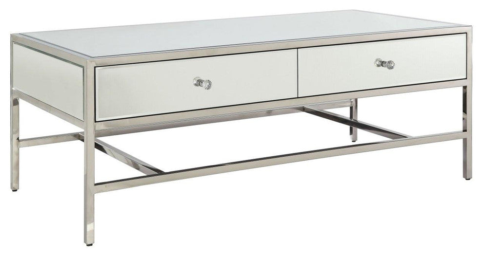 Modern Style Rectangular Metal and Mirror Coffee Table with 2 Drawers, Silver