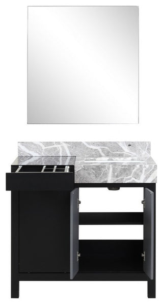 Zilara 36" Black and Grey Vanity, Castle Grey Marble Top, 30" Frameless Mirror