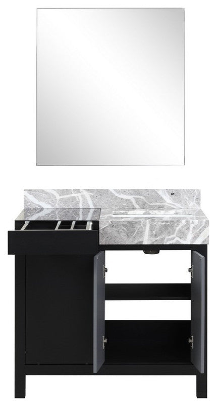 Zilara 36" Black and Grey Vanity, Castle Grey Marble Top, 30" Frameless Mirror