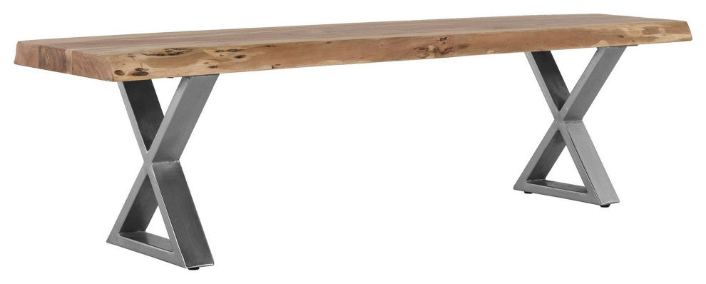 Benzara BM286415 70" Wood Dining Bench Farmhouse Design Crossed Legs, Brown