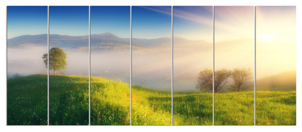 Morning Mist over Mountain Village, Landscape Canvas Print, 83"x32", 7 Panels
