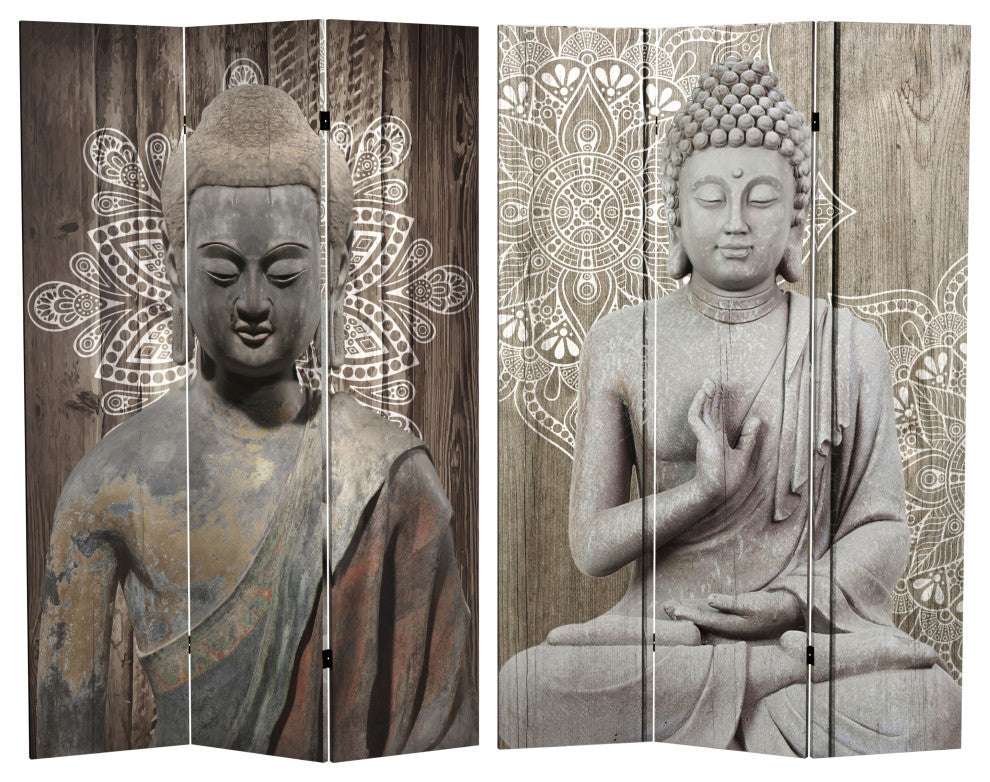 6' Tall Double Sided Stone Buddha Canvas Room Divider