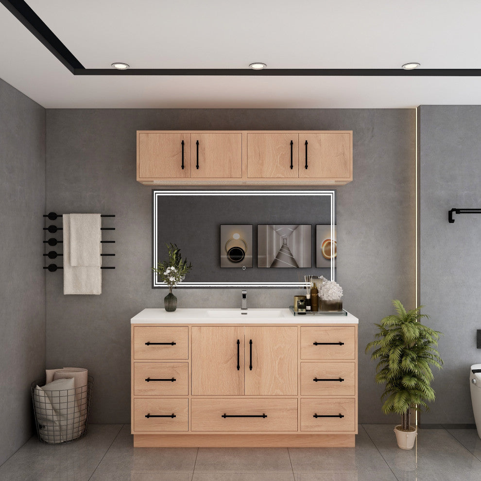 Victoria 60" Solid Wood Vanity Single Sink, Overhead Cabinet, Red Oak